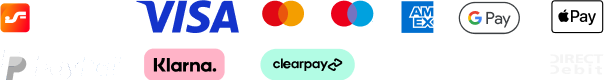 Visa, Mastercard, Amex, Google Pay, Apple Pay, PayPal, Klarna, Clearpay, and more